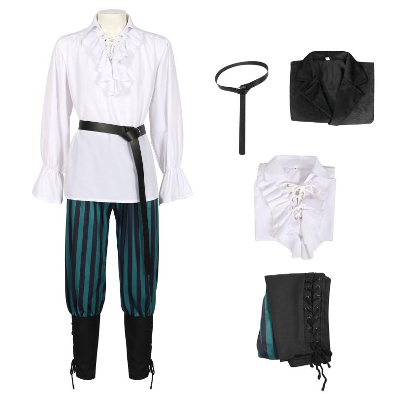 コスプレ 衣装 男女兼用 中世 庶民 大人 ルネサンス期 ヨーロッパ 演劇 舞台衣装 ジャカード織り ポリエステル パフスリーブ トップス 配色 ベスト ストライプ パンツ セットアップ 仮装 ハロウィン イベント