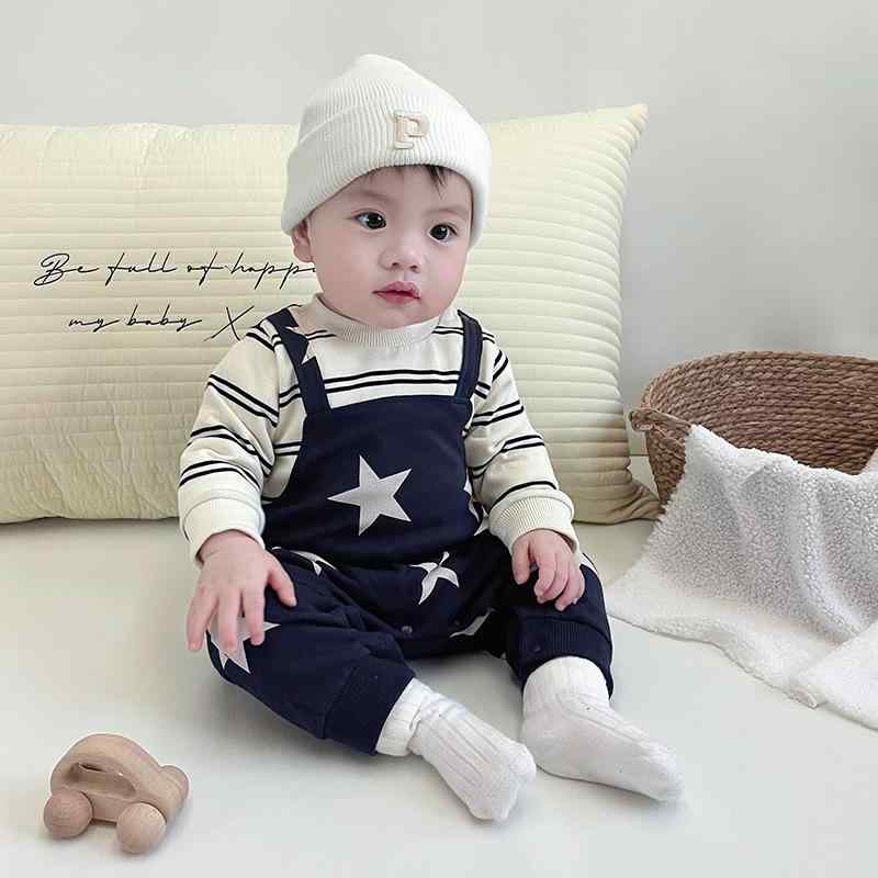 ベビー ロンパース 男の子 新生児 カバーオール 星空柄 サロペット風 重ね着 長袖 綿 赤ちゃん 春秋 かわいい おしゃれ 韓国子供服 ブルー 着脱簡単 出産祝い ギフト