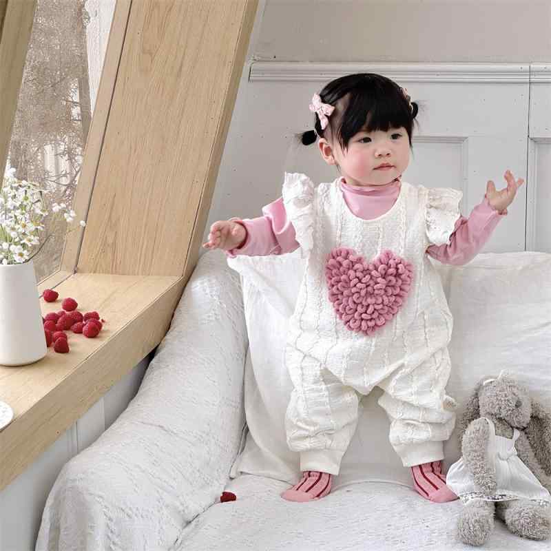ベビー服 2点セット 女の子 韓国風 ロンパース 春秋 長袖 Tシャツ ハート柄 プリンセス お出かけ 柔らか素材 かわいい レース