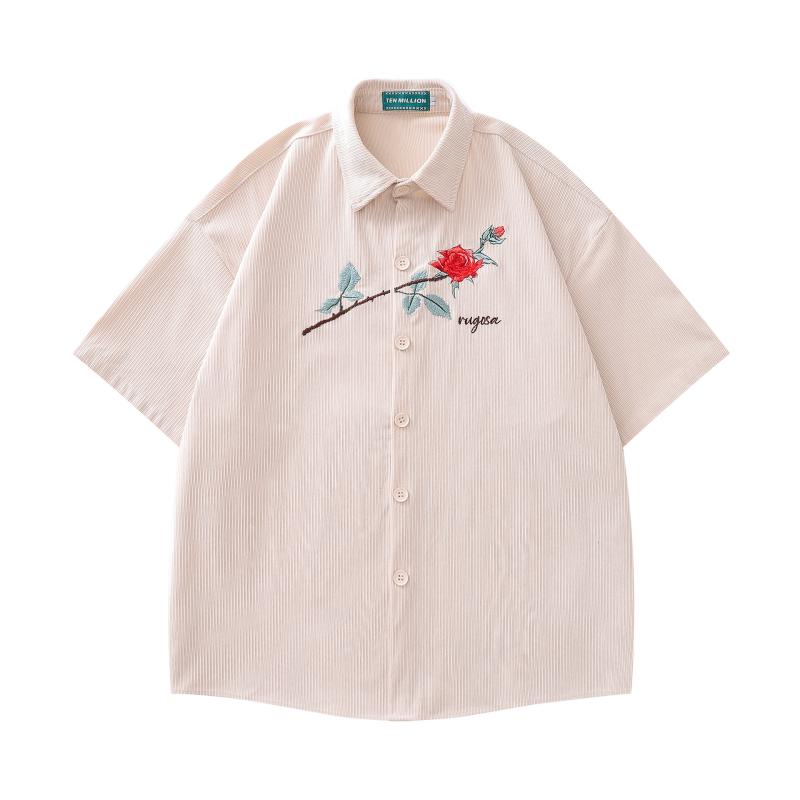 シャツ メンズ レディース 半袖 ゆったり 形態安定 開襟 ポリエステル コーデュロイ ローズ刺繍 レトロ..