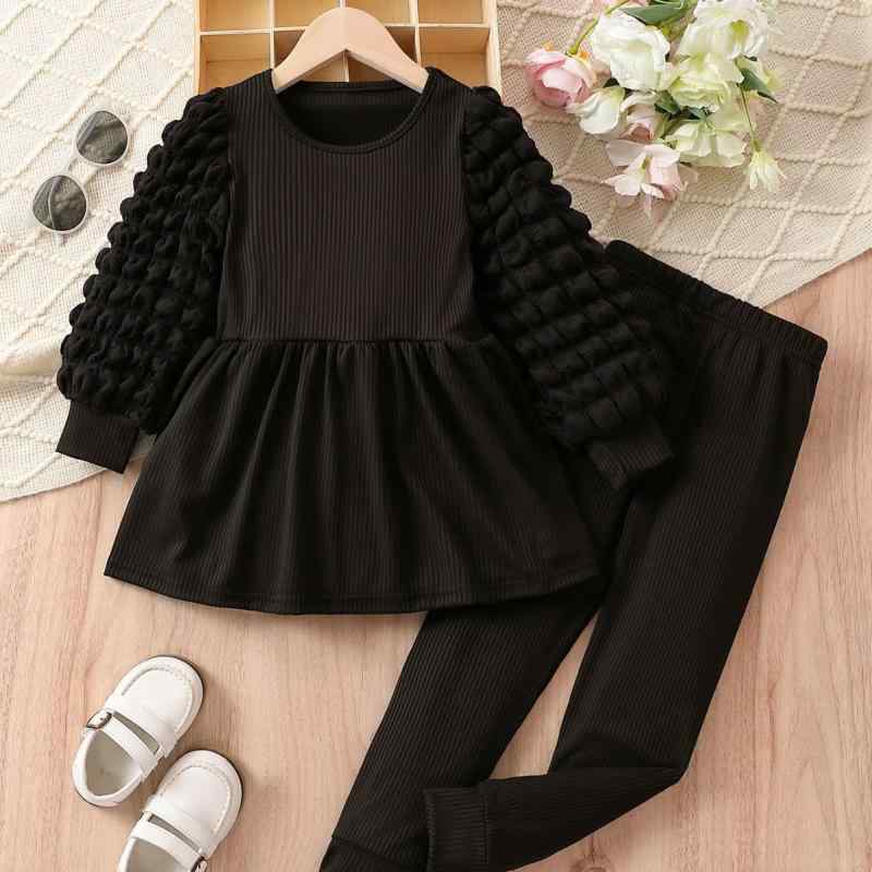 キッズ 女の子 柔らか素材 ラウンドネック 長袖 パフスリーブ プルオーバー 長ズボン パンツ 2点セット セットアップ カジュアル スイート 普段着 お出かけ 春秋 カートゥーン ヒョウ柄 ポリエステル ブラック