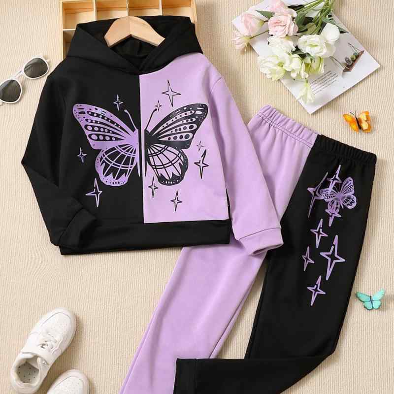 キッズ 女の子 長袖 フード付き スウェット プルオーバー 蝶々柄 セットアップ かわいい カジュアル ルームウェア 2点セット 春秋
