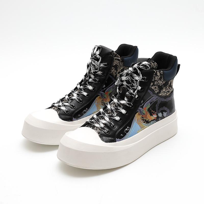 スニーカー メンズ 通気性 ハイカット 刺繍 チャイナスタイル 牛革 レースアップ ラウンドトゥ カジュアル ファッション スケートボード 春物