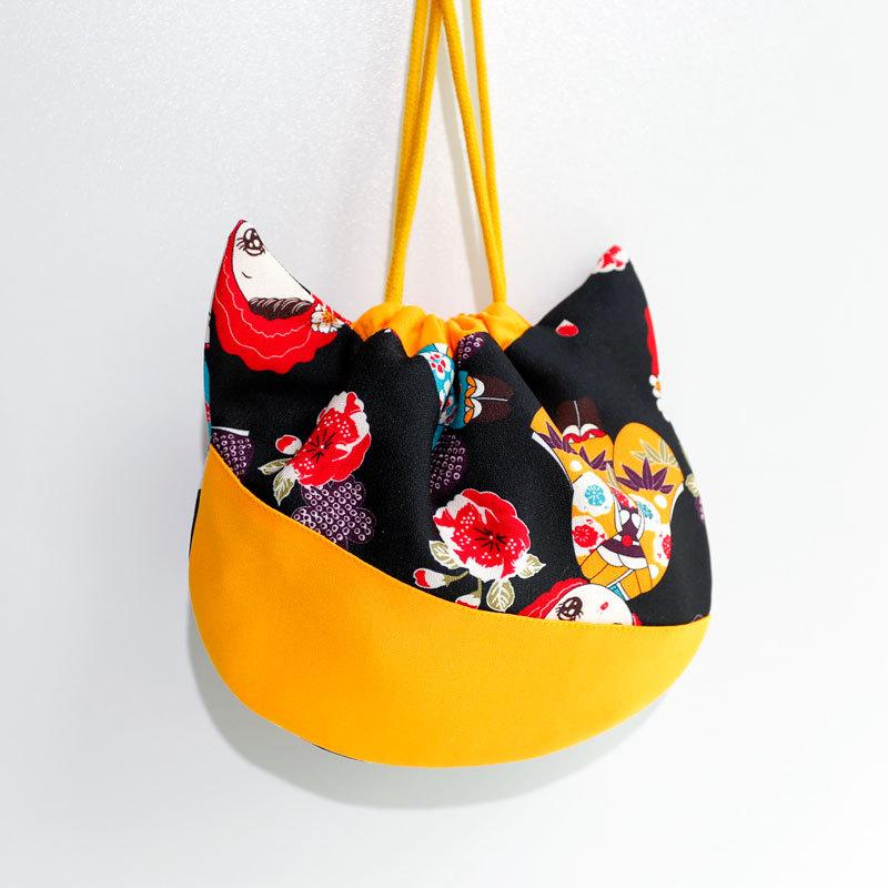 バッグ レディース かわいい 猫顔 和風デザイン 個性的 ミニ 手提げ 巾着 マザーズバッグ 小物入れ 収納ポーチ 切り替え デイリーユース 普段使い お出かけ ポリエステル スマホポケット 仕切り付き