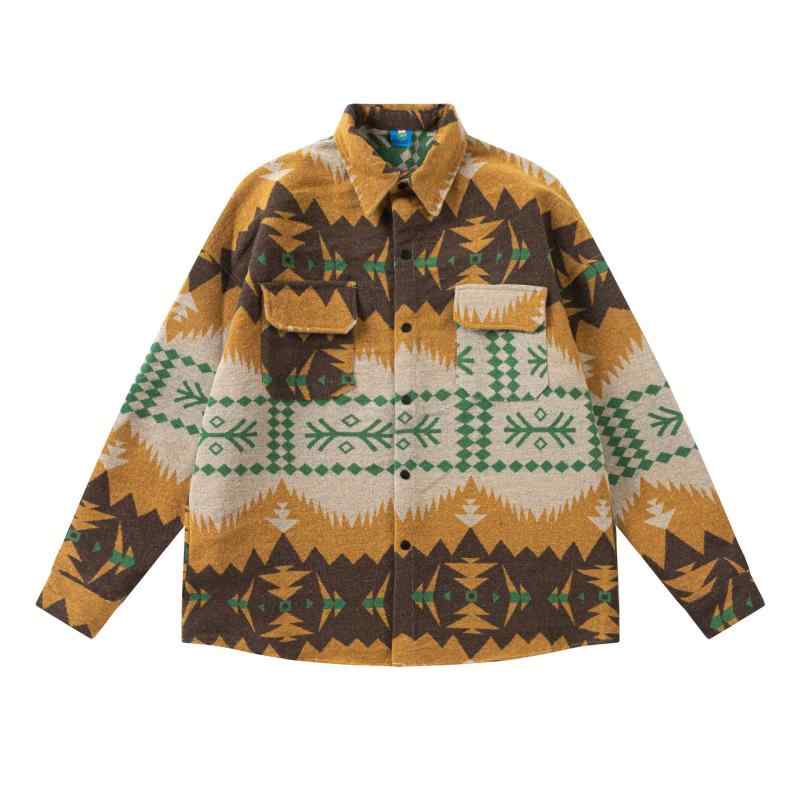 シャツ 男女兼用 ゆったり ウール調 ジャガード織り 民族柄 しわになりにくい 形態安定 日系レトロ ストリートファッション 襟付き 長袖 アウター 羽織り ブラウス オールシーズン カジュアル 普段着