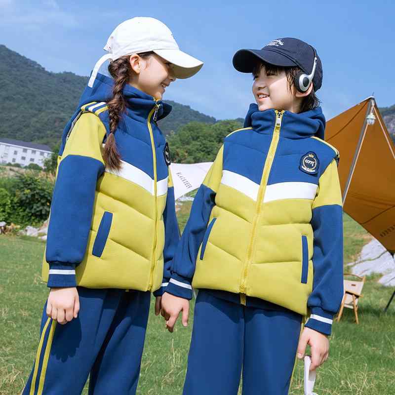制服 キッズ 男の子 女の子 スリーシーズン 3点セット フード付き ジップアップベスト 長袖シャツ パンツ 小学生 幼稚園 通学用 英国風 学院スタイル コットン やわらか