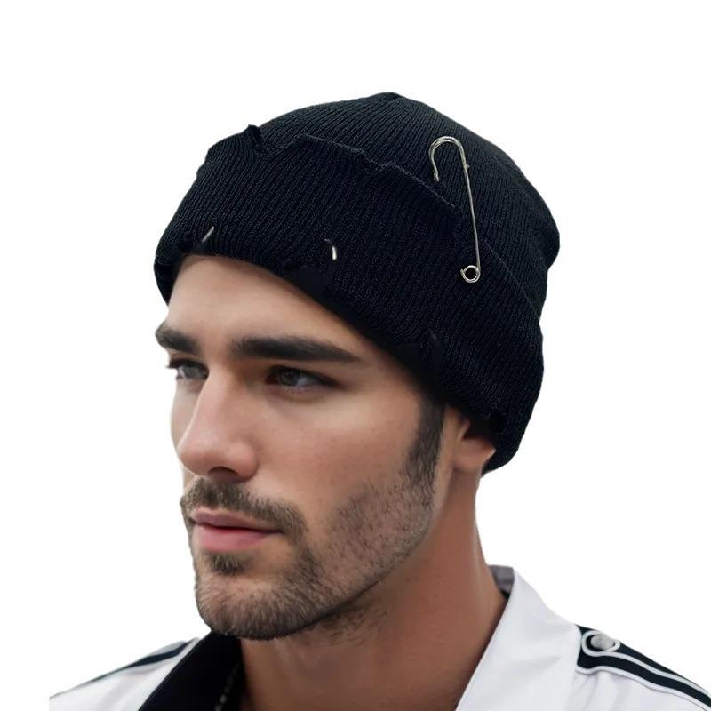 ニット帽 ユニセックス 男女兼用 ダメージ加工 リングブローチ付き 秋冬 防寒 保温 通気性 韓国 ファッ..