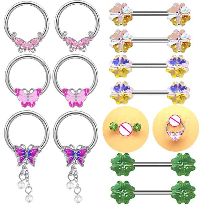 ニップルピアス 男女兼用 ボディピアス 欧米風 高級感 上品 おしゃれ ステンレス製 電気メッキ加工 蝶 四つ葉のクローバー ハート アメジスト シンプルデザイン アレルギー対応(x5)