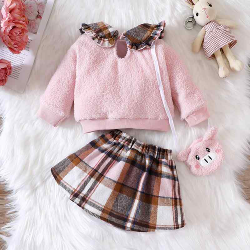 ベビー服 女の子 春秋 フリース 長袖 フリル襟 プルオーバー トップス チェック柄 ショートスカート セットアップ ポリエステル 韓国風 オルチャン 通園 通学 お出かけ着 80 90 100cm