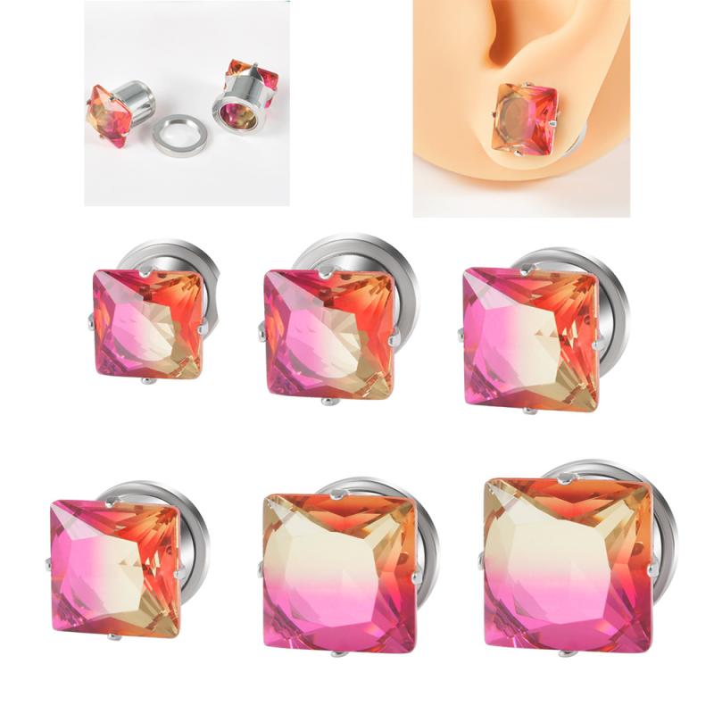 拡張ピアス ユニセックス 海外輸入品 ステンレス製 スクエア ブラッドストーン レインボーカラー 4本爪 電気メッキ加工 ボディピアス 6mm-16mm(x2)