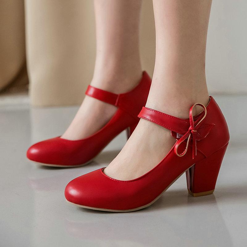 パンプス レディース 春秋 高ヒール 太ヒール 厚底 ロリータ 制服靴 レトロ ラウンドトゥ 甲浅 人工皮革 PUレザー 万能 面ファスナー 普段使い 通勤 オフィス 大きいサイズ 小さいサイズ対応
