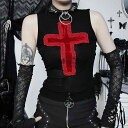 キャミソール レディース ストレッチ スリムフィット プルオーバー ノースリーブ 十字架柄 レース ストリート カジュアル ポリエステル ブラック 黒(4)