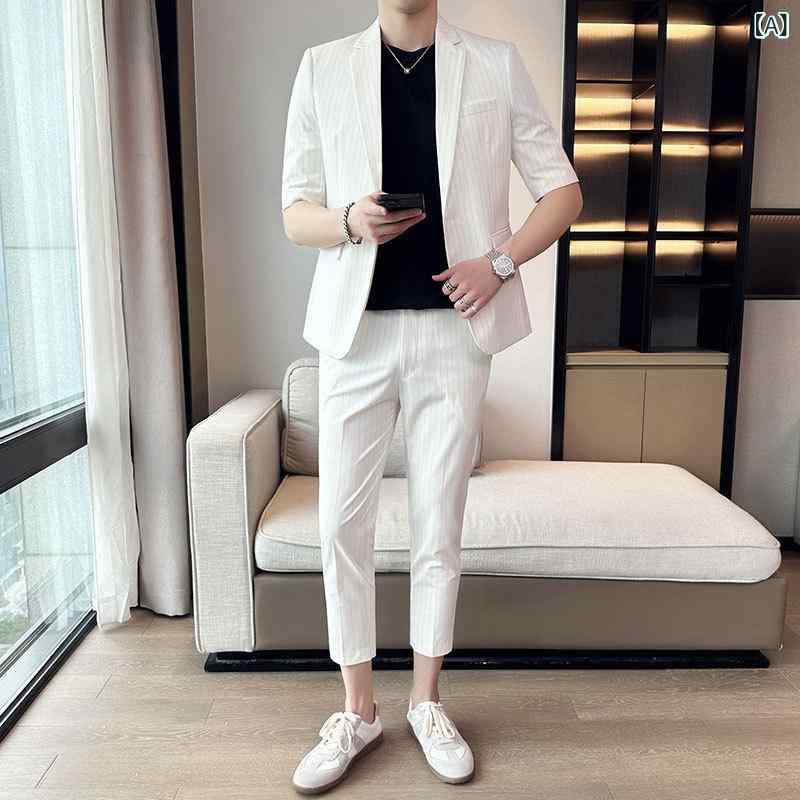 スーツ メンズ 接触冷感 薄手 夏用 半袖 ストライプ柄 スリムフィット レーヨン混紡 ジャケット 9分丈パンツ セットアップ ビジネスカジュアル