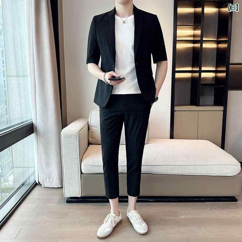 スーツ メンズ 接触冷感 薄手 夏用 半袖 ストライプ柄 スリムフィット レーヨン混紡 ジャケット 9分丈パンツ セットアップ ビジネスカジュアル