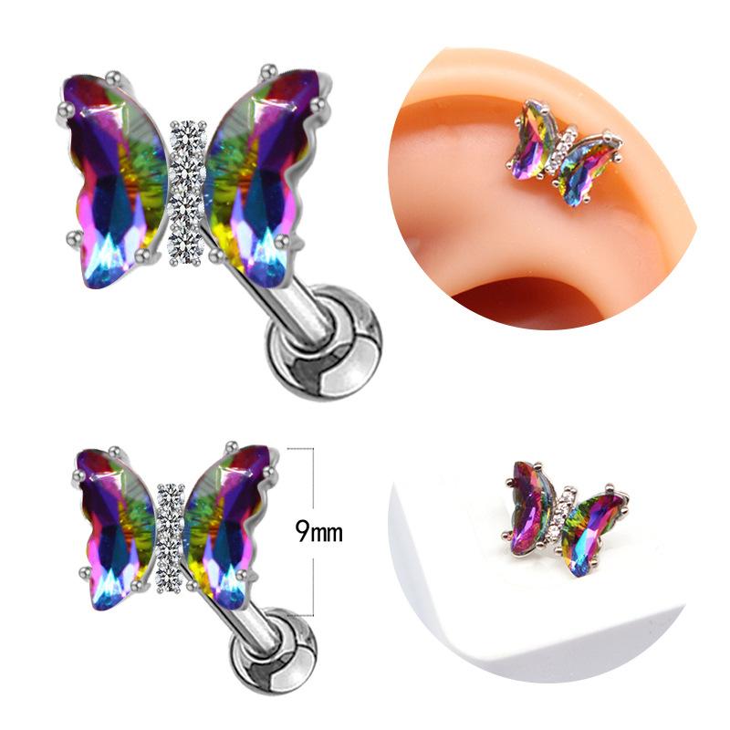 耳飾り ユニセックス ステンレス製 電気メッキ加工 軟骨ピアス 蝶々 ジルコニア カラフル 欧米風 インフルエンサー 個性的 スタッドタイプ ファッション小物 カジュアル(x5)