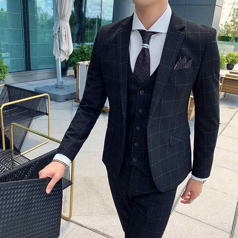 スーツ メンズ スリーピース スリムフィット 英国紳士風 韓国風 チェック柄 新郎 結婚式 フォーマル セレモニー ビジネス パーティー 秋用 ブラック グレー ノッチドラペル センターベント