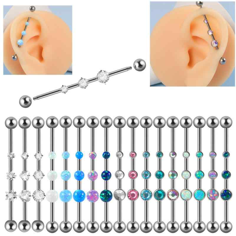 ピアス 男女兼用 G23チタン ジルコニア3石 オパール ボール インダストリアルバーベル イヤーブリッジ ダブルホール シンプル ファッション おしゃれ(x2)