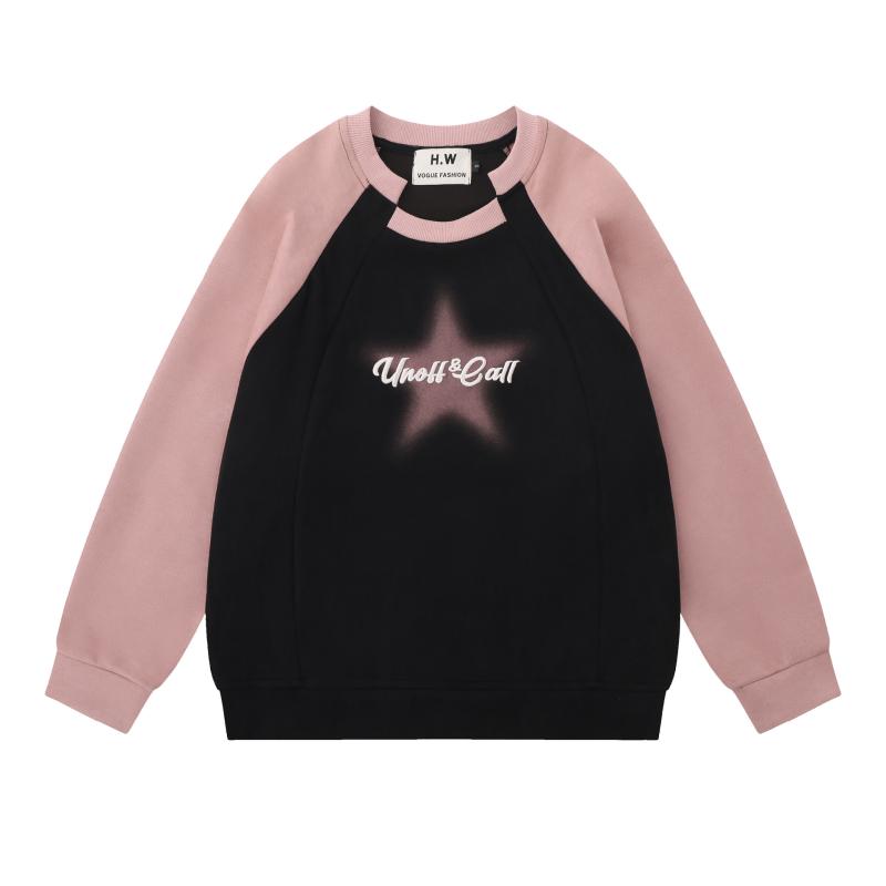 スウェット メンズ レディース 男女兼用 カップル アメリカンレトロ 配色切り替え ラグランスリーブ プルオーバー クルーネック オーバーサイズ ゆったり ルーズフィット カジュアル ストリート スエード調 刺繍 アルファベット 星柄 春秋