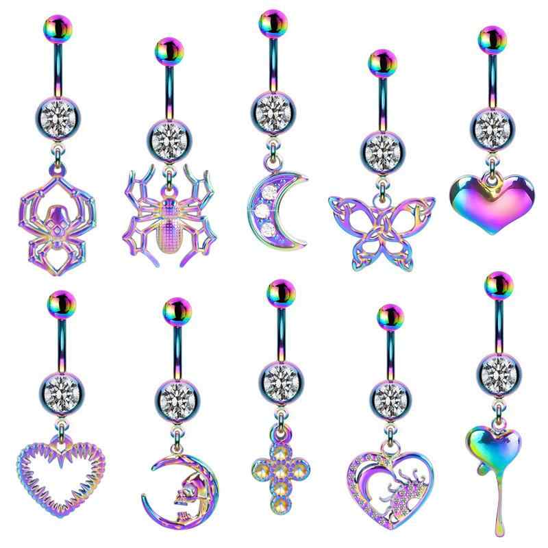 臍ピアス メンズ レディース 兼用 亜鉛合金製 鮮やか 虹色 グラデーションカラー スパイダー 十字架 ハ..
