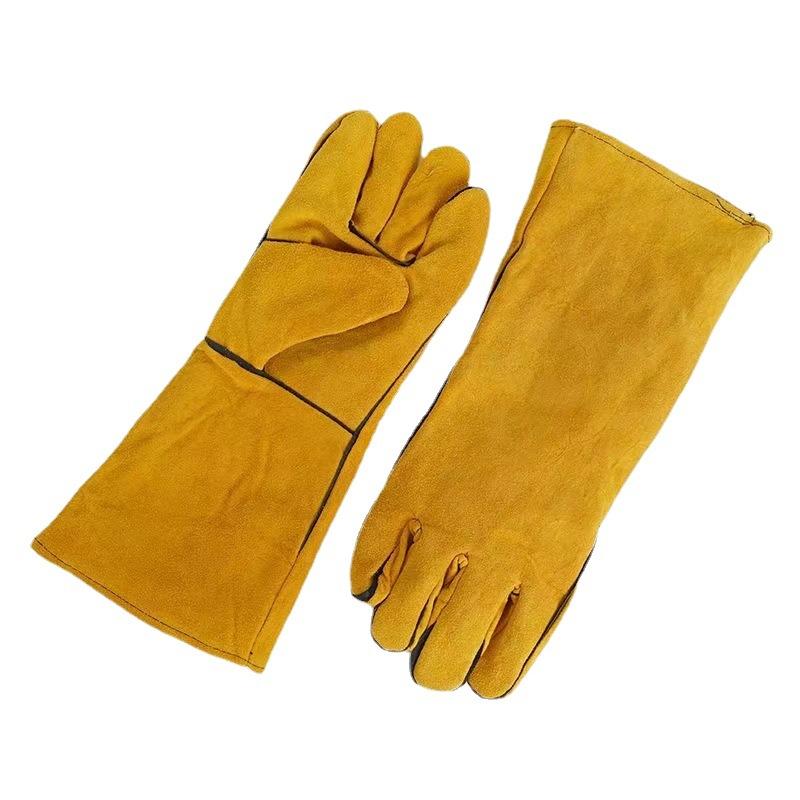 溶接用手袋 牛革製 耐熱 断熱 ダブルレイヤー 防火糸 33cm ロング丈 建設現場 作業現場 安全保護 黄色 ..