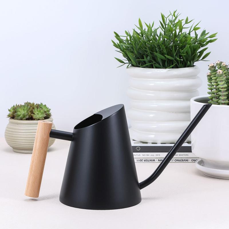 ジョウロ ステンレス製 高級感 木製ハンドル 細口ノズル 800ml 室内用 ガーデニング 観葉植物 水やり 庭 ベランダ テラス おしゃれ デザイン マットブラック マットホワイト サテン仕上げ