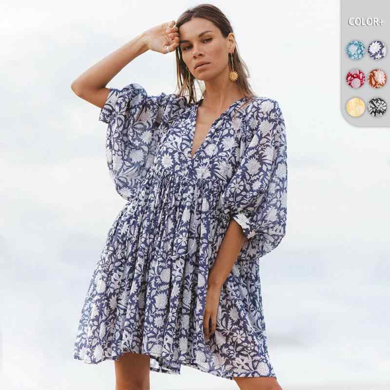 ワンピース レディース リゾートスタイル ゆったり カジュアル 小花柄プリント ショート丈 ハイウエスト ウエストリボン Vネック ランタンスリーブ 夏 バカンス ビーチファッション