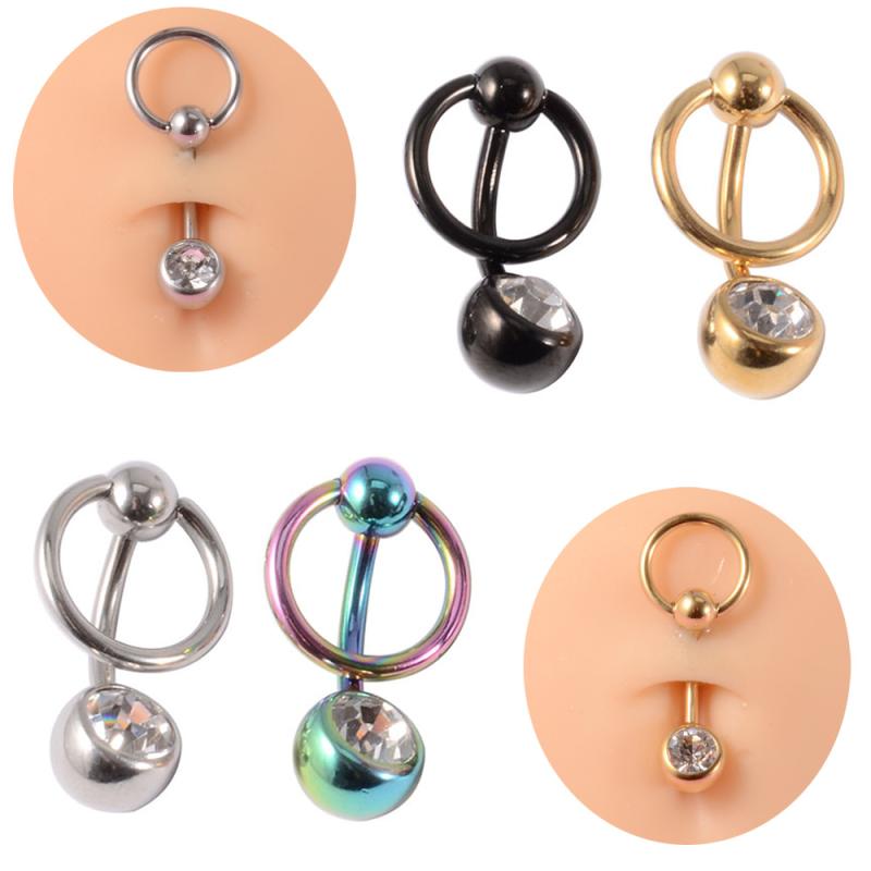 臍ピアス 男女兼用 ステンレス製 電気メッキ 丸玉 ジルコニア 14G へそピ ボディピアス キャプティブビーズリング スチールカラー ブラック ゴールド レインボー(x2)