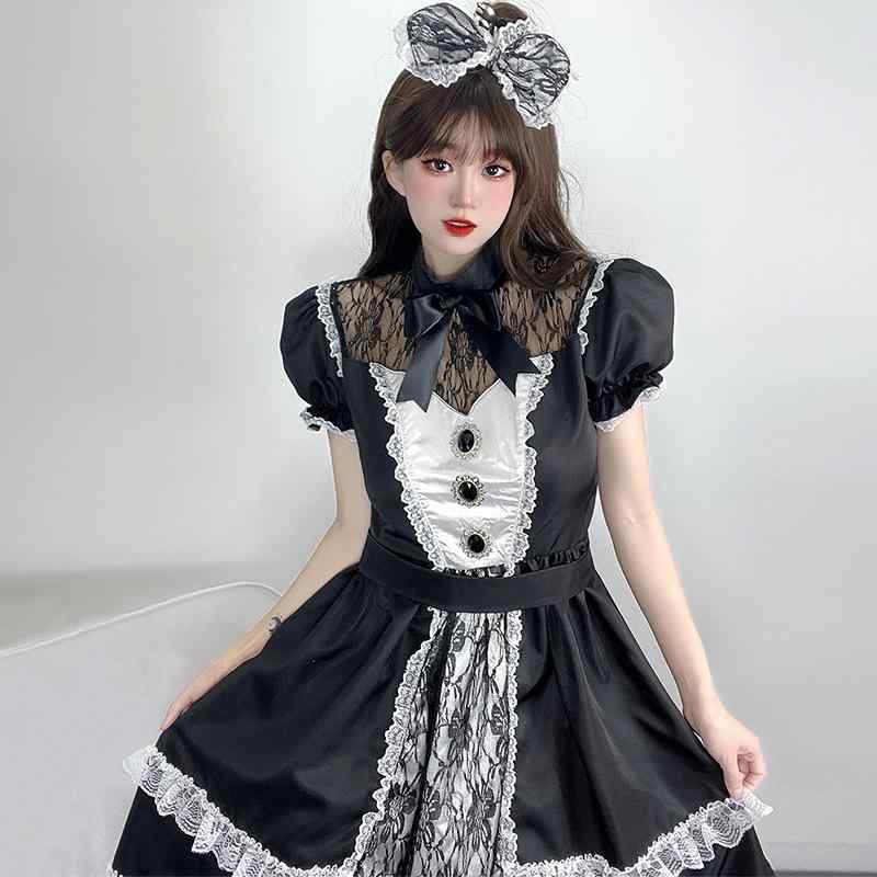 ワンピース レディース ロリータ風 コスプレ 制服 超豪華 フリル レース メイド服 ブラックチョコレートカラー イベント ハロウィン 仮装 衣装 かわいい 甘め ガーリー
