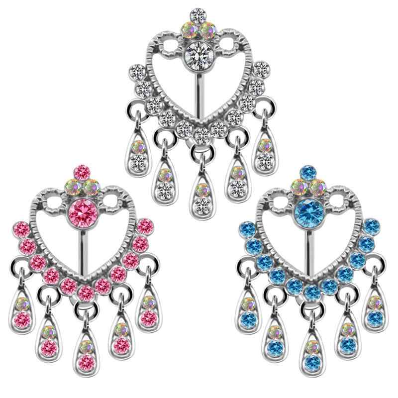 ボディピアス 男女兼用 へそピアス ナベルピアス ハートモチーフ 水滴 ドロップチャーム 揺れる ステンレス製 電気メッキ加工 欧米風 おしゃれ かわいい セクシー イベント パーティー ダンス フェス ホワイト ブルー ピンク