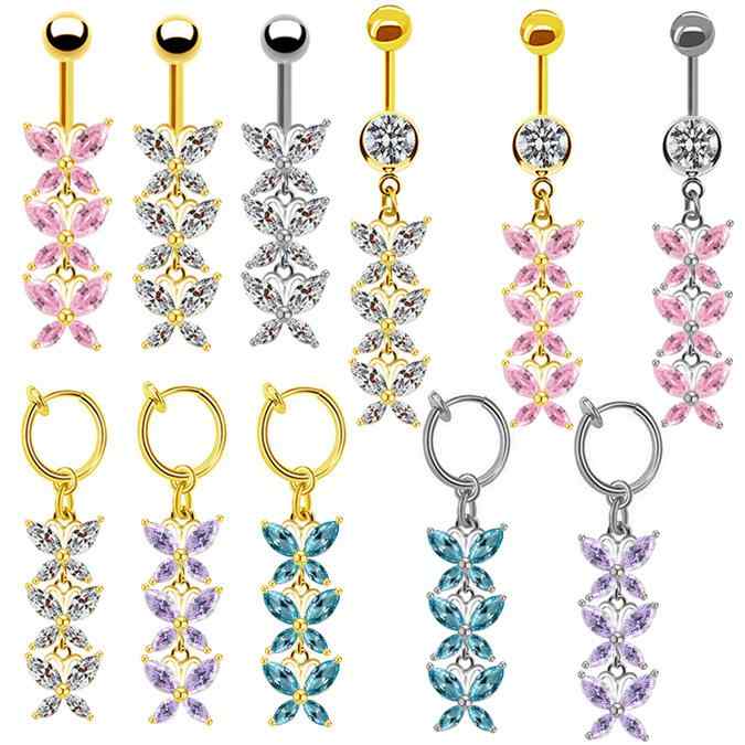 ノンホール へそピアス 男女兼用 欧米風 蝶々 バタフライ チャーム フェイク 揺れる 穴なし クリップ式..