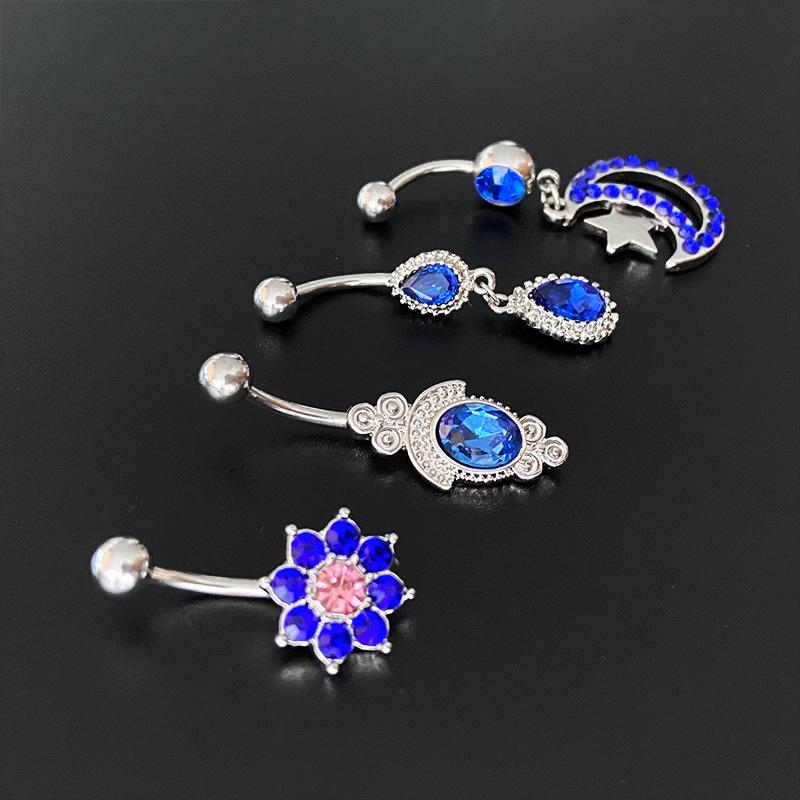 臍ピアス 男女兼用 ステンレス製 アレルギー対応 ジルコニア 埋め込み 上品 エレガント 欧米風 ロイヤルブルー フラワー ハート 星 月 ドロップ ボディピアス(x5)