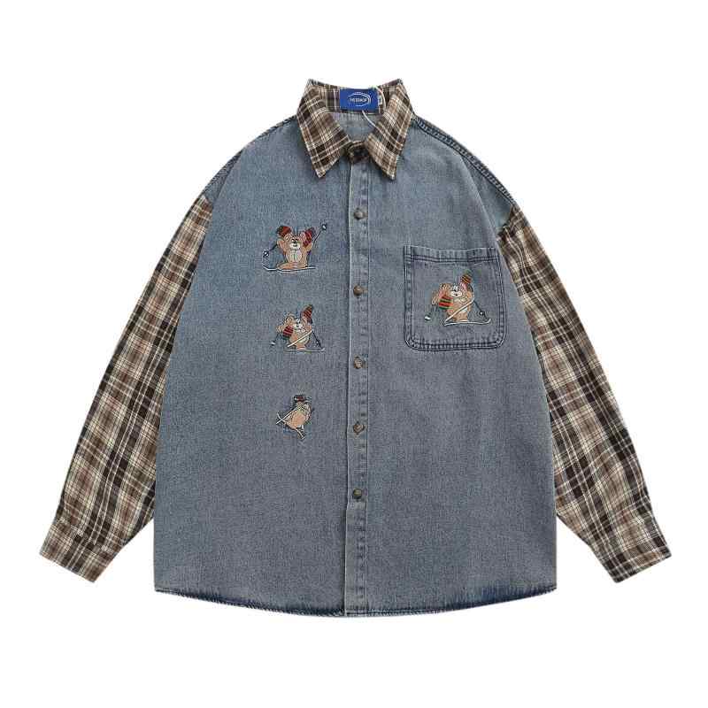 シャツ ユニセックス 通気性抜群 アメカジ レトロ 古着風 チェック柄 切り替え デニム 襟付き 長袖 ウ..
