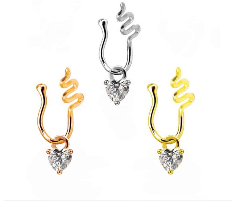 鼻クリップ 鼻カフ メンズ レディース ノンホール フェイクピアス 穴なし 欧米風 ハート アイ スター スネーク モチーフ デザイン 電気メッキ加工 メタル素材 アクセサリー 春夏(x5)