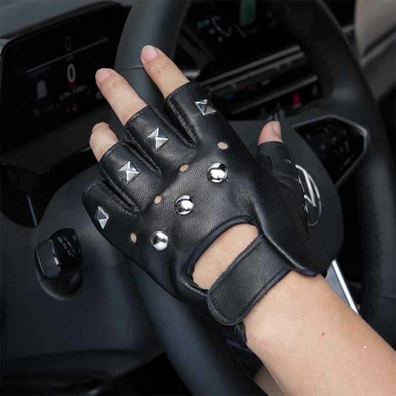 手袋 メンズ 指なし ハーフフィンガー レザー 本革 羊革 ショート丈 スタッズ パンチング 通気性 ドライブ バイク ライディング サイクリング ジム トレーニング パフォーマンス パンク ファッション(4)