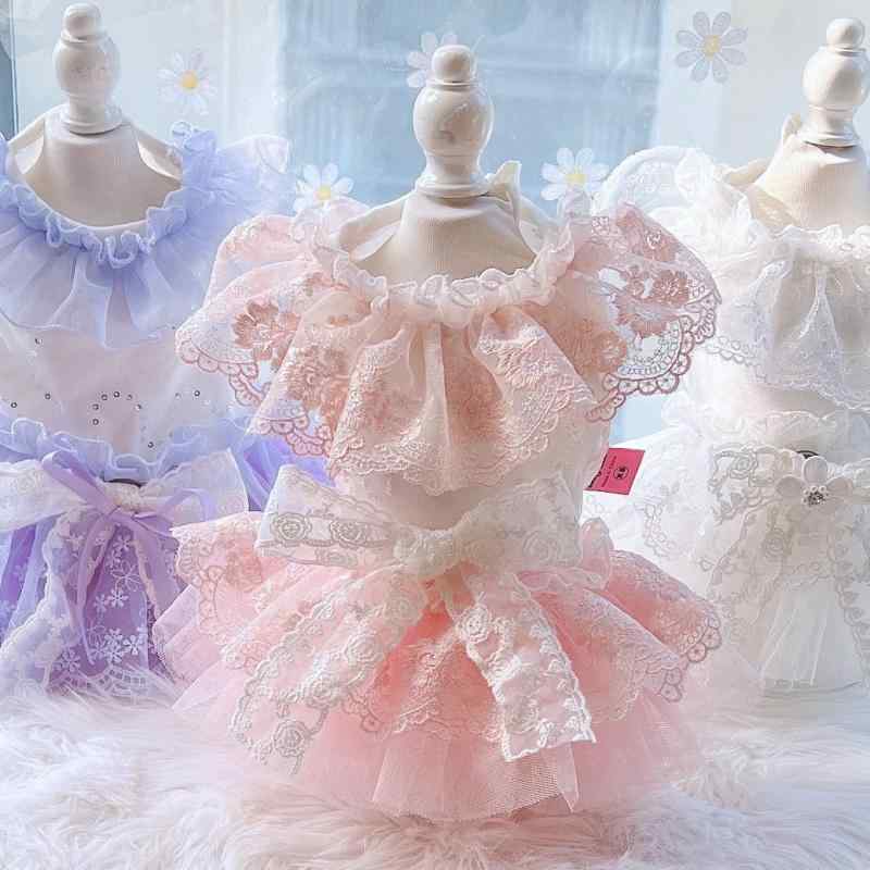 犬用ドレス 秋冬 ワイドカラー レース ウェディングドレス 結婚式 記念日 撮影用 プリンセススタイル かわいい テディ プードル 小型犬用 コットン素材 ホワイト パープル