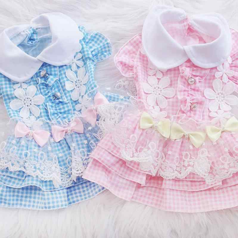 犬用ワンピース 小型犬用 秋冬 チェック柄 レース プリンセス ドッグウェア 綿素材 トイプードル チワ..