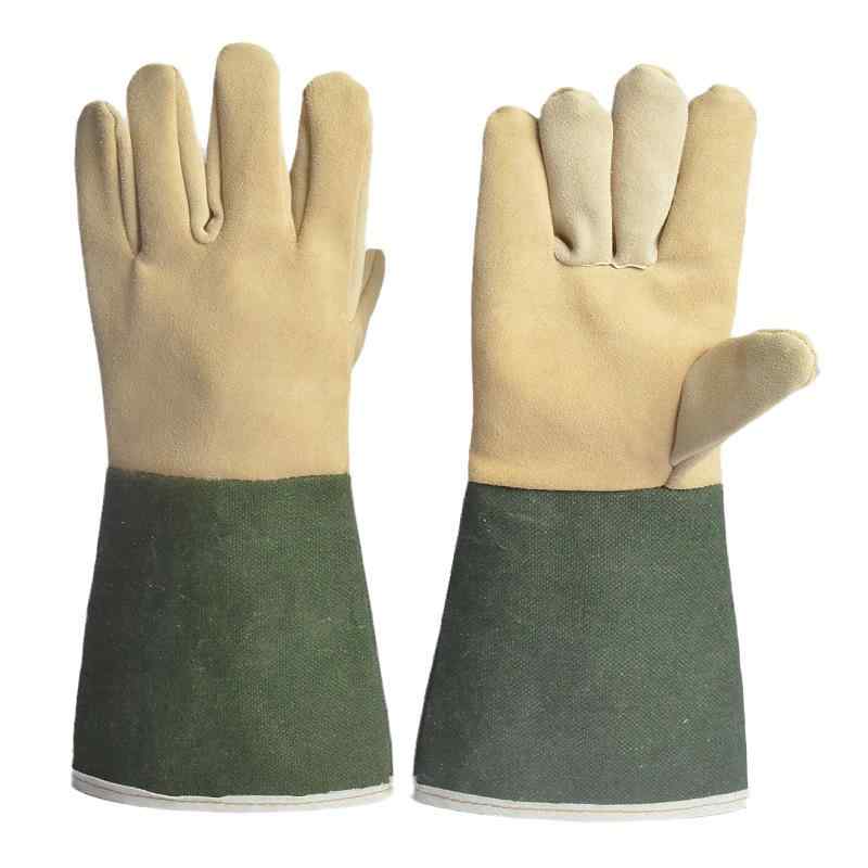 手袋 メンズ 溶接作業用 プロ仕様 防炎 耐熱 厚手 牛革 キャンバス地 頑丈 安全 保護 緑色 ロングスリ..