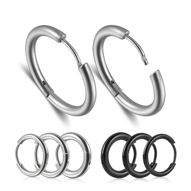 フープピアス メンズ レディース ステンレス製 電気メッキ加工 シンプル ビッグサイズ おしゃれ 個性的 細いポスト 軟骨ピアス 幾何学デザイン スチールカラー ブラック(x2)