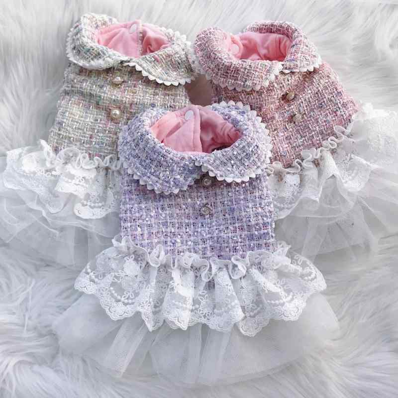 犬服 小型犬用 かわいい おしゃれ プリンセス レース フリル パールボタン付き 上品な Aライン ワンピ..