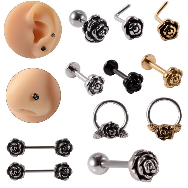ボディピアス サージカルステンレス インターナルスレッド レトロ ローズ 薔薇モチーフ 乳首ピアス 舌..