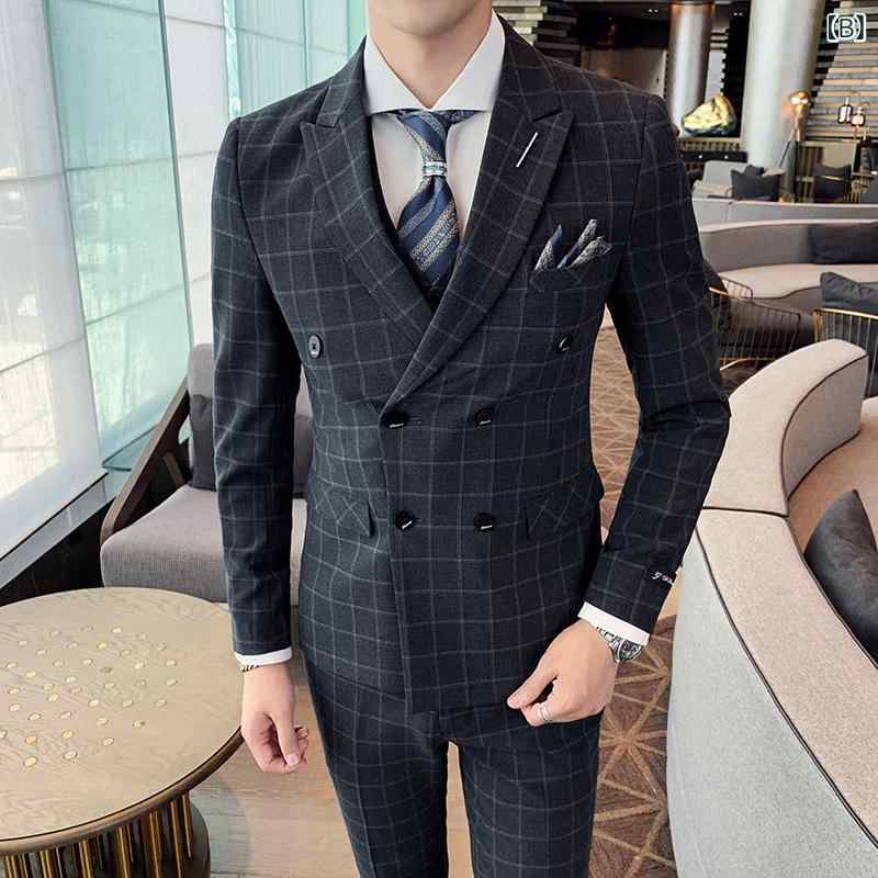 スーツ メンズ ダブルブレスト スリーピース チェック柄 スリムフィット 結婚式 新郎 ウェディング 披露宴 二次会 フォーマル セレモニー パーティー グレー アセテート混紡 オールシーズン