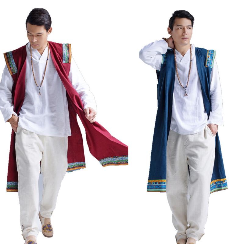 ベスト メンズ チャイナジレ 中国風 民族風 刺繍 ミドル丈 襟付き ノースリーブ アウター 羽織り レト..