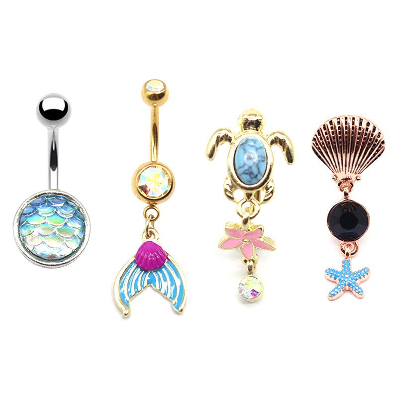 へそピアス 男女兼用 ボディピアス 電気メッキ加工 合金製 欧米スタイル 亀モチーフ タートル 小花 人魚 マーメイド デザイン セット アクセサリー(x5)