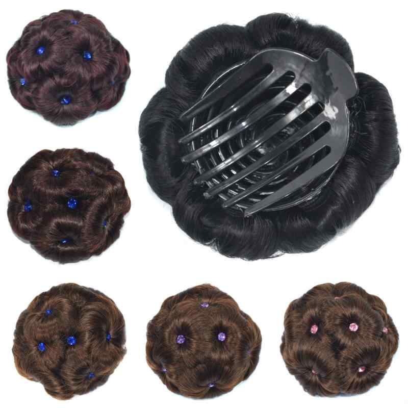 ウィッグ レディース 付け毛 お団子 人工毛 ラインストーン 九つの花 バンスクリップ ヘアクリップ コ..