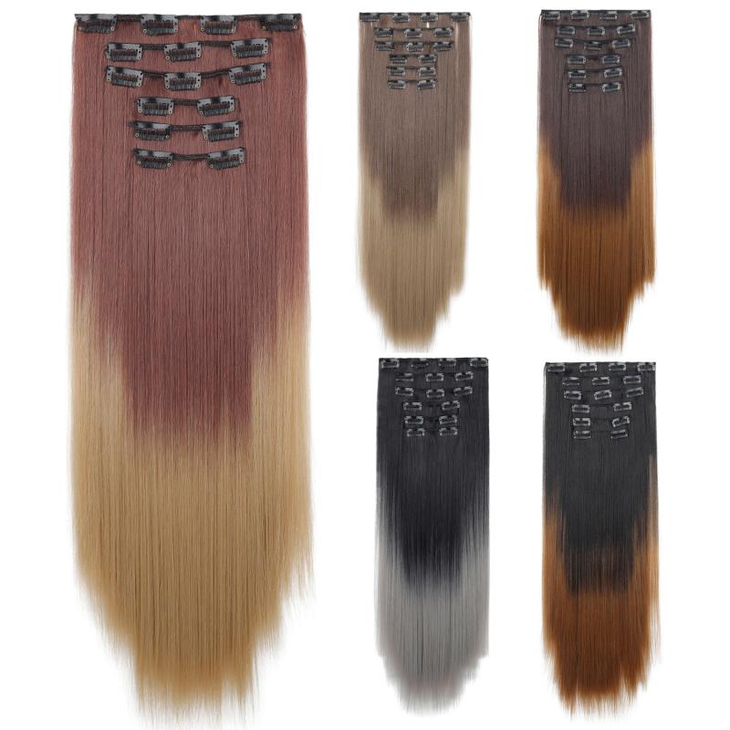 ヘアエクステ レディース 女性用 クリップイン ストレート グラデーションカラー 耐熱ファイバー 6ピースセット ロングヘア つけ毛