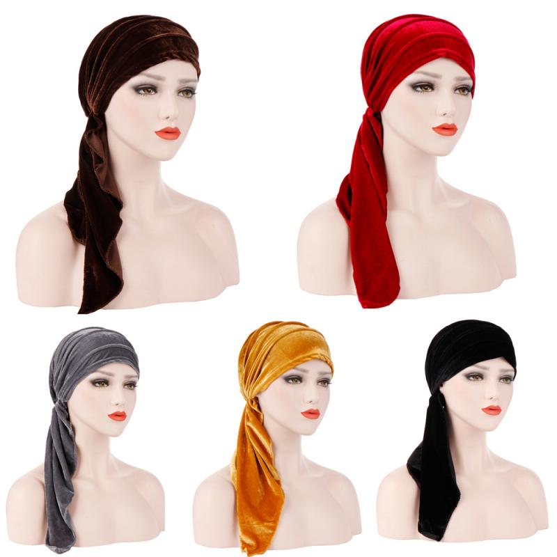 ターバン レディース エスニック風 ベロア素材 プリーツ 2本のロングテール 無地 丸型 つばなし おしゃれ ファッション小物 ヘアアクセサリー 通年(x2)