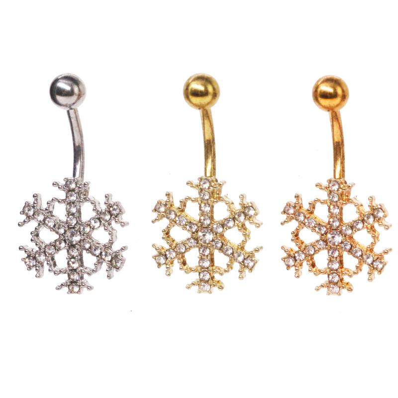ボディピアス レディース へそピアス ステンレス製 フルラインストーン 雪の結晶 クリスマス おしゃれ かわいい 電気メッキ加工 ゴールド ローズゴールド シルバー 上品(x5)