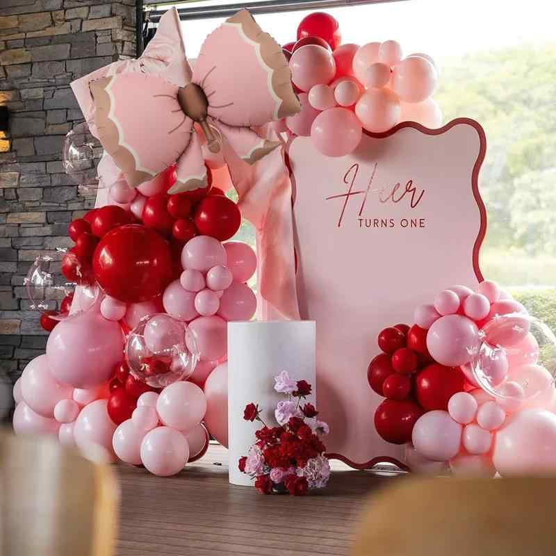バルーン アルミホイル製 連結チェーンセット リボン 蝶結び 誕生日 結婚式 パーティー イベント 記念日 会場装飾 飾り付け マカロンカラー レッド お祝い サプライズ演出