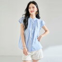 シャツ レディース 体型カバー ゆったり 綿素材 フリル袖 スタンドカラー 半袖 レトロ 無地 ブルー レース 大人可愛い きれいめ フェミニン 春夏