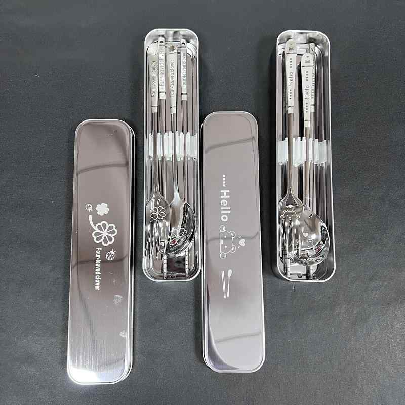 カトラリー 子供 学生 大人用 携帯用 304ステンレス製 箸 スプーン 3点セット 収納ケース付き ランチ お弁当 通勤 通学 1人用 モダン シンプル 鏡面仕上げ(x2)